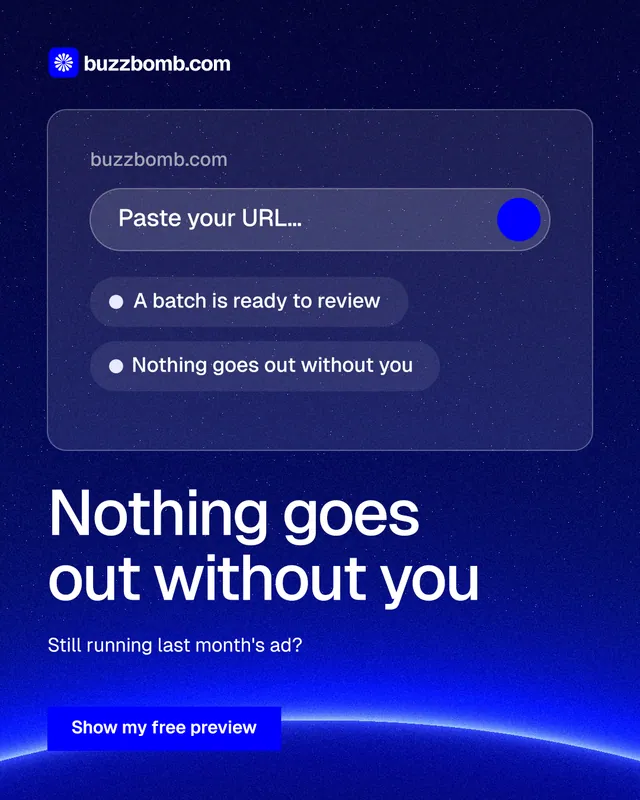 Instagram portrait post for BuzzBomb: "Nothing goes out without you". Swiss style, bottom layout, dark palette in blue.