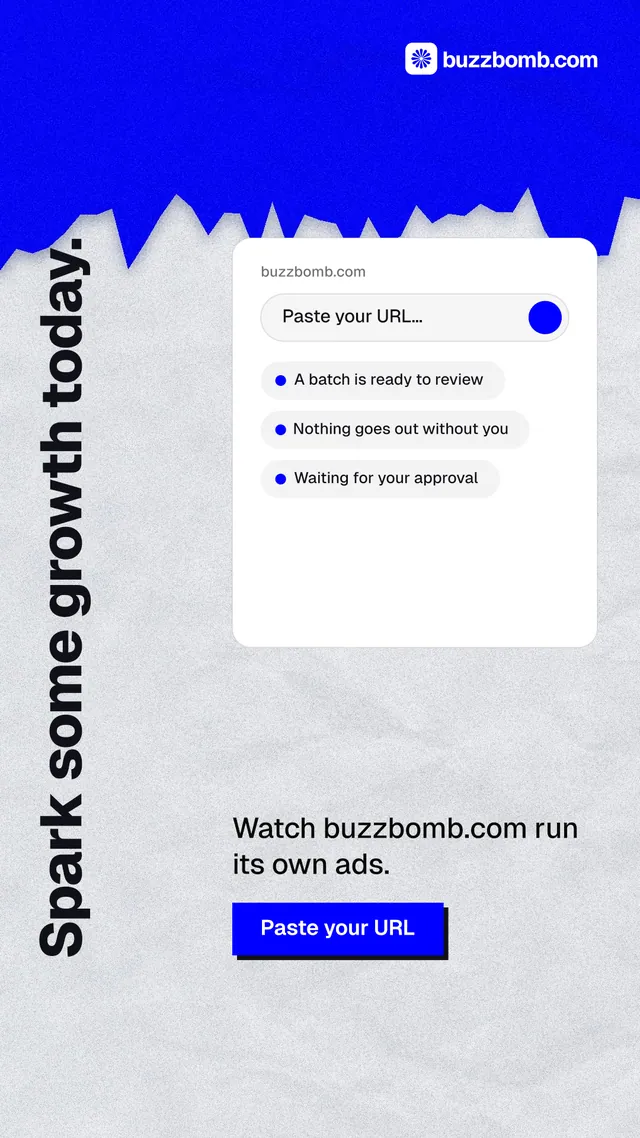 Instagram story for BuzzBomb: "Spark some growth today." Paper trio style, vertical layout, light palette in white, blue.