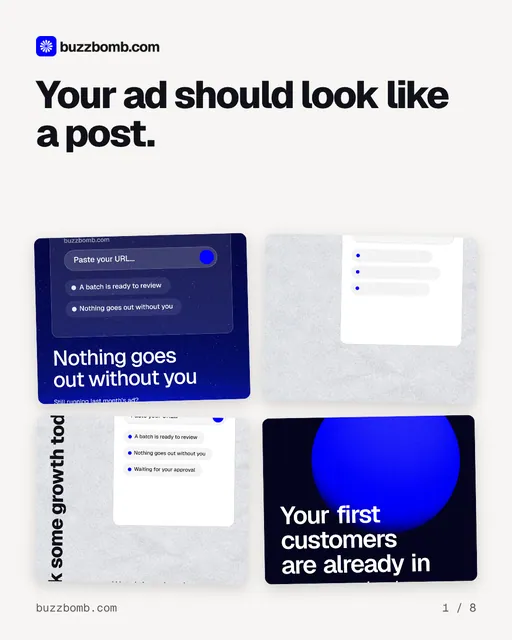 Carousel for BuzzBomb: "Your ad should look like a post.". Collection carousel, 8 slides, light palette.