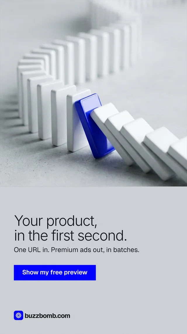 Instagram story for BuzzBomb: "Your product, in the first second." Swiss style, bottom layout, light palette in white, grey.