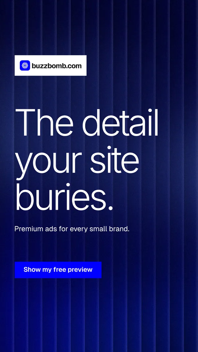 Instagram story for BuzzBomb: "The detail your site buries." Swiss style, announce layout, dark palette in blue.