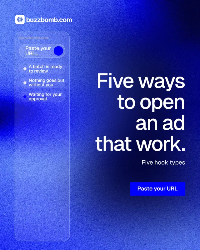 Instagram portrait post for BuzzBomb: "Five ways to open an ad that work." Swiss style, right layout, dark palette in blue.
