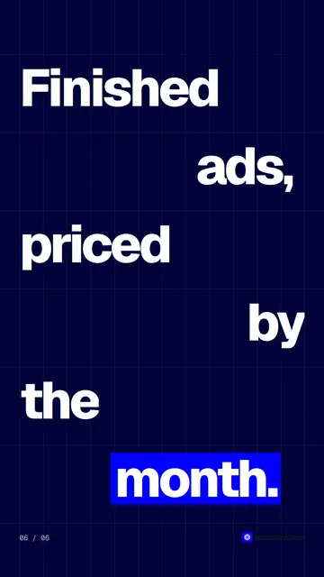 Video for BuzzBomb: "Finished ads, priced by the month.". Kinetic type grid, 6.0 s, dark palette.