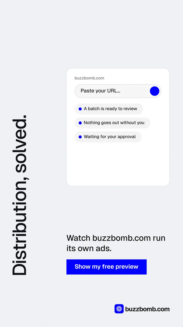 Instagram story for BuzzBomb: "Distribution, solved." Swiss style, vertical layout, light palette in white, blue.