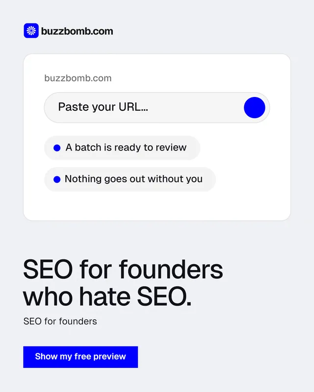 Instagram portrait post for BuzzBomb: "SEO for founders who hate SEO." Swiss style, bottom layout, light palette in white, blue.