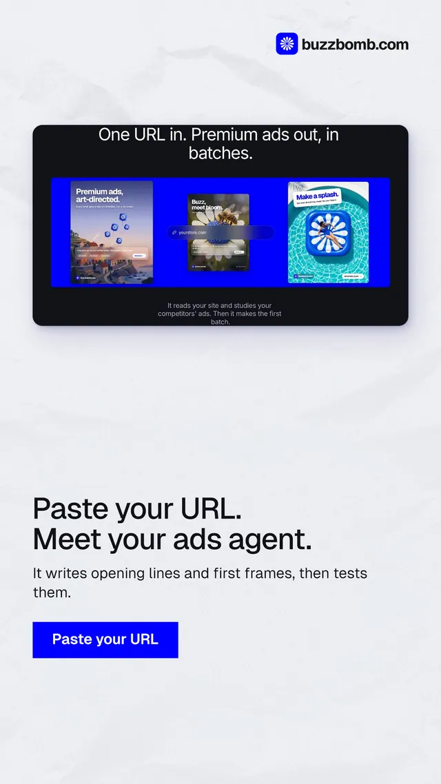 Instagram story for BuzzBomb: "Paste your URL. Meet your ads agent." Swiss style, bottom layout, light palette in white, blue.