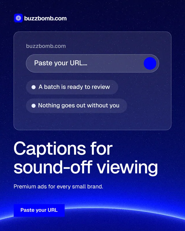 Instagram portrait post for BuzzBomb: "Captions for sound-off viewing". Swiss style, bottom layout, dark palette in blue.