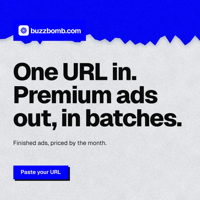 Instagram post for BuzzBomb: "One URL in. Premium ads out, in batches." Paper trio style, announce layout, light palette in white, blue, grey.