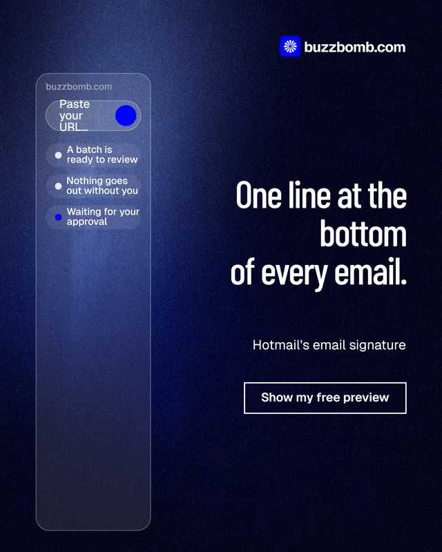 Instagram portrait post for BuzzBomb: "One line at the bottom of every email." Dark deco style, right layout, dark palette in blue, black.