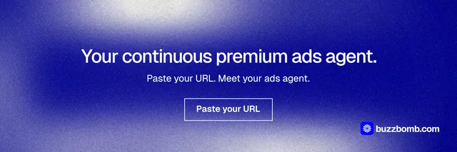 X header for BuzzBomb: "Your continuous premium ads agent." Cyanotype style, centred layout, dark palette in blue.