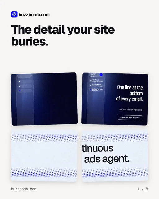 Carousel for BuzzBomb: "The detail your site buries.". Collection carousel, 8 slides, light palette.