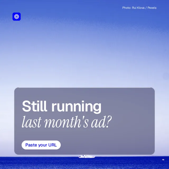 Instagram post for BuzzBomb: "Still running last month's ad?" Glass style, technique:pexels ingredient layout, light palette in blue.