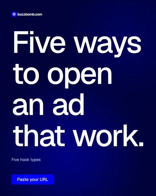 Video for BuzzBomb: "Five ways to open an ad that work.". Doc motion loop, 8.0 s, dark palette.