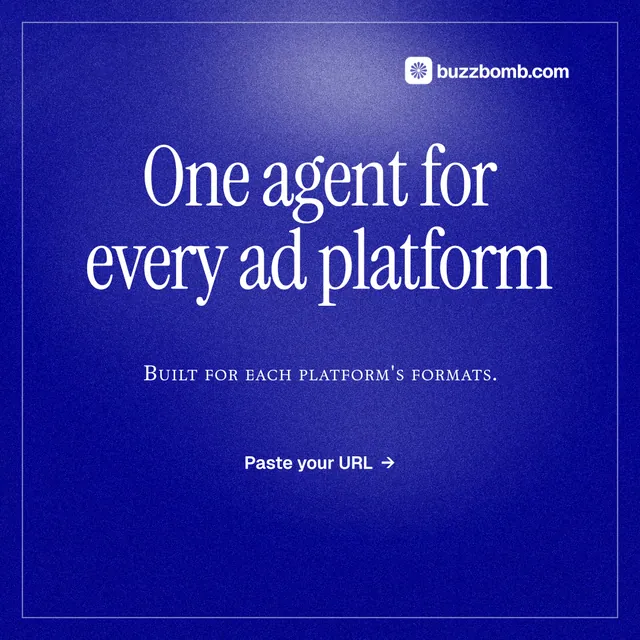 Instagram post for BuzzBomb: "One agent for every ad platform". Editorial style, smallcaps layout, dark palette in blue.