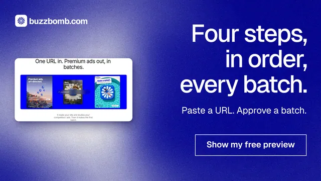 Landscape graphic for BuzzBomb: "Four steps, in order, every batch." Cyanotype style, right layout, dark palette in blue.