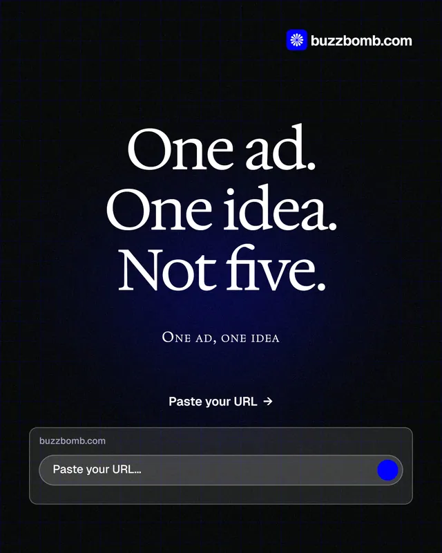 Instagram portrait post for BuzzBomb: "One ad. One idea. Not five." Phosphor atlas style, smallcaps layout, dark palette in black, grey.
