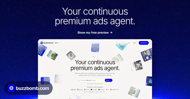 Social ad for BuzzBomb: "Your continuous premium ads agent." Swiss style, ogui layout, dark palette in blue, white.