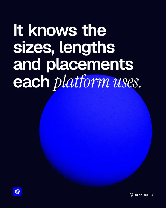 Instagram portrait post for BuzzBomb: "It knows the sizes, lengths and placements each platform uses." Auto 4x5 style, technique:shader field layout, dark palette in black, blue.