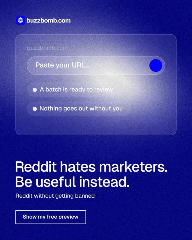 Instagram portrait post for BuzzBomb: "Reddit hates marketers. Be useful instead." Cyanotype style, bottom layout, dark palette in blue.