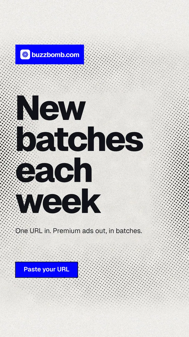 Instagram story for BuzzBomb: "New batches each week". Ink sticker style, announce layout, light palette in white, grey.