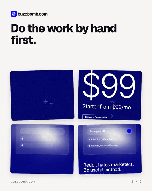Carousel for BuzzBomb: "Do the work by hand first.". Collection carousel, 8 slides, light palette.