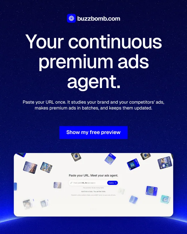 Instagram portrait post for BuzzBomb: "Your continuous premium ads agent." Swiss style, centred layout, dark palette in blue, white, grey.