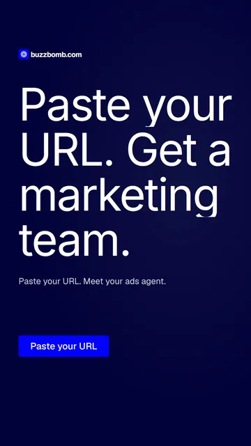 Video for BuzzBomb: "Paste your URL. Get a marketing team.". Doc motion loop, 8.0 s, dark palette.