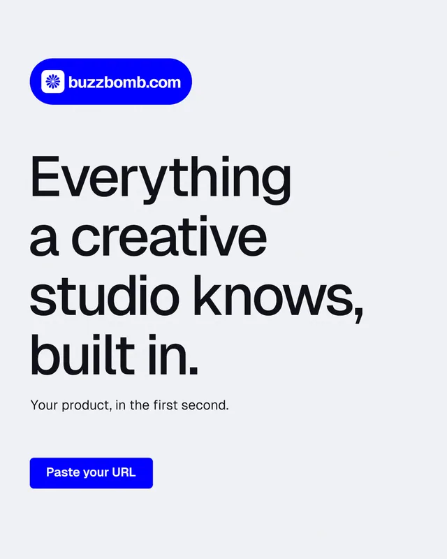 Instagram portrait post for BuzzBomb: "Everything a creative studio knows, built in." Data card style, announce layout, light palette in white, blue.