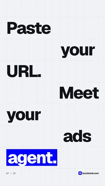 Video for BuzzBomb: "Paste your URL. Meet your ads agent.". Kinetic type grid, 6.0 s, light palette.
