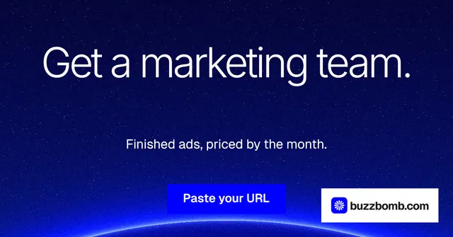Social ad for BuzzBomb: "Get a marketing team." Swiss style, centred layout, dark palette in blue.