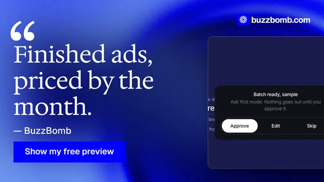 Landscape graphic for BuzzBomb: "Finished ads, priced by the month." Swiss style, quote layout, dark palette in blue.