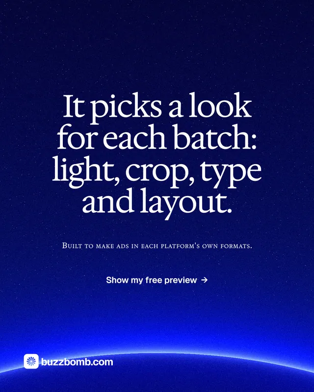 Instagram portrait post for BuzzBomb: "It picks a look for each batch: light, crop, type and layout." Swiss style, smallcaps layout, dark palette in blue.