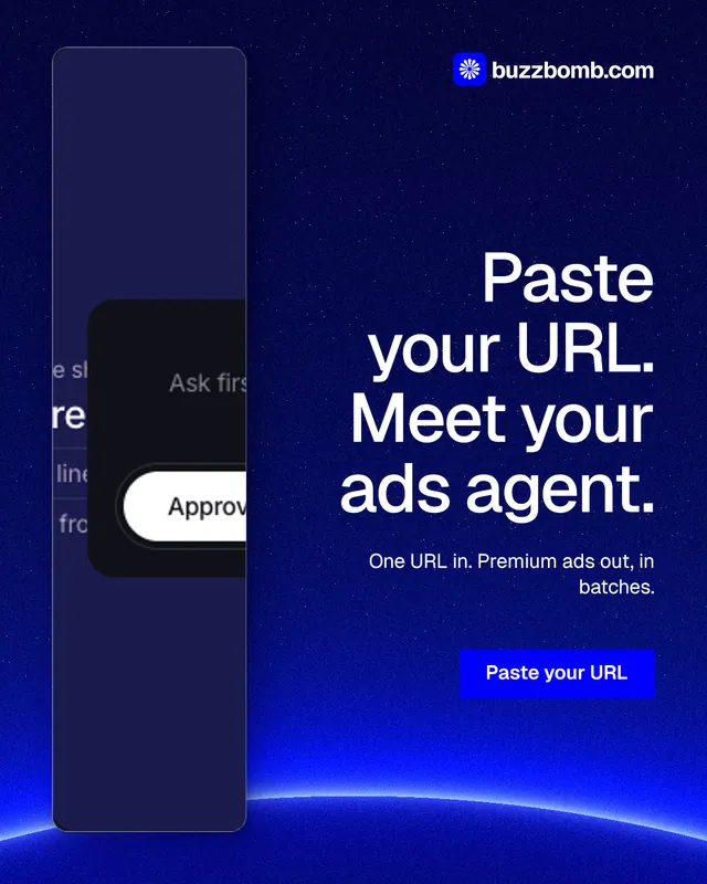 Instagram portrait post for BuzzBomb: "Paste your URL. Meet your ads agent." Swiss style, right layout, dark palette in blue.
