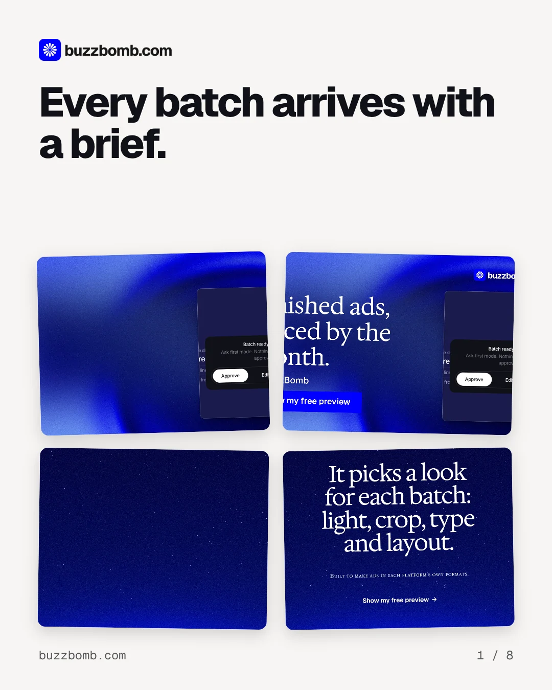 Carousel for BuzzBomb: "Every batch arrives with a brief.". Collection carousel, 8 slides, light palette.