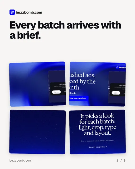 Carousel for BuzzBomb: "Every batch arrives with a brief.". Collection carousel, 8 slides, light palette.