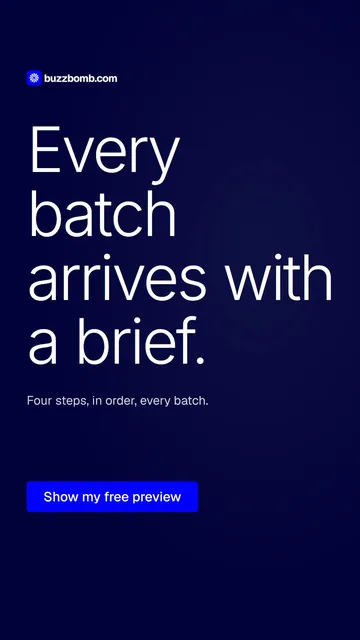 Video for BuzzBomb: "Every batch arrives with a brief.". Doc motion loop, 6.0 s, dark palette.