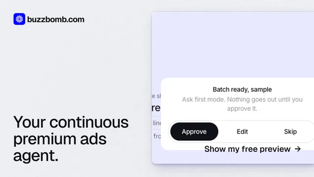 Landscape graphic for BuzzBomb: "Your continuous premium ads agent." Swiss style, image led layout, light palette in white, grey.