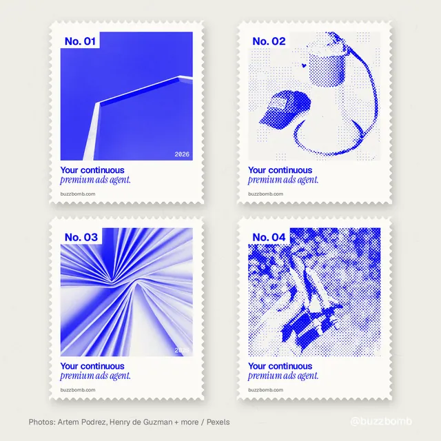 Instagram post for BuzzBomb: "Your continuous premium ads agent." Sheet style, technique:stamp series layout, light palette in yellow, white, blue.