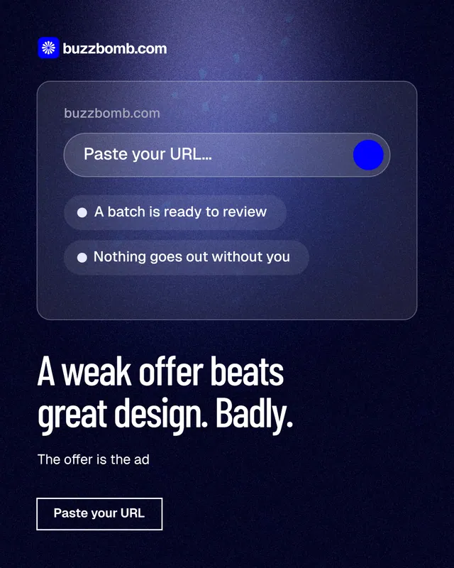 Instagram portrait post for BuzzBomb: "A weak offer beats great design. Badly." Dark deco style, bottom layout, dark palette in black, blue.