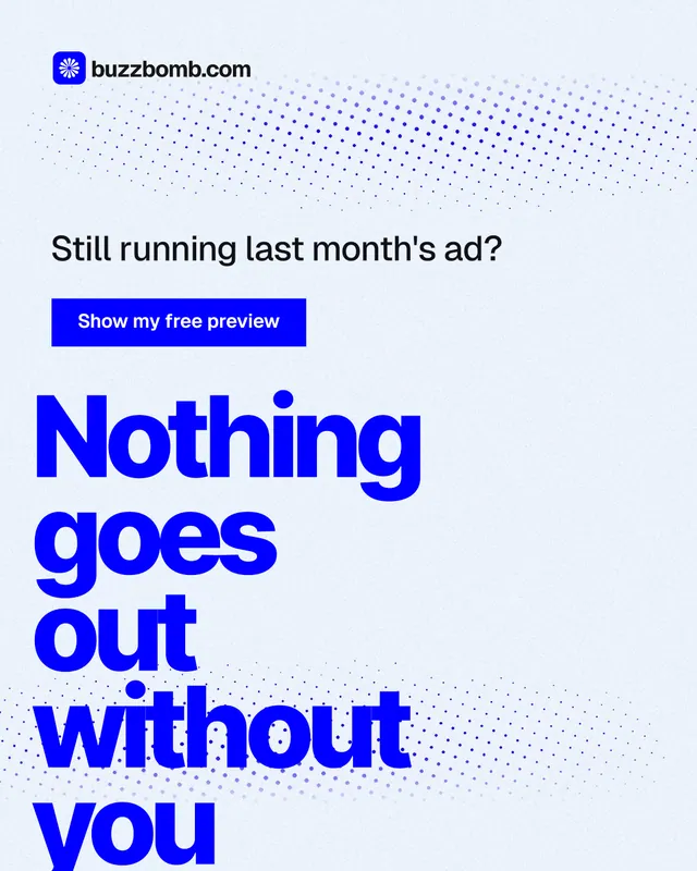 Instagram portrait post for BuzzBomb: "Nothing goes out without you". Swiss style, oversized layout, light palette in white, blue.