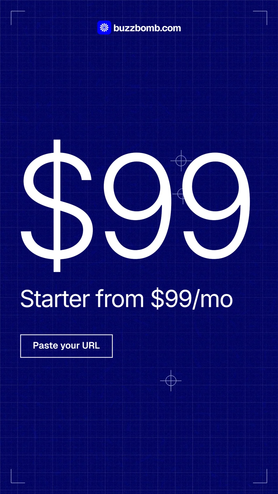 Instagram story for BuzzBomb: "Built to make ads in each platform's own formats." Blueprint style, stat layout, dark palette in blue.