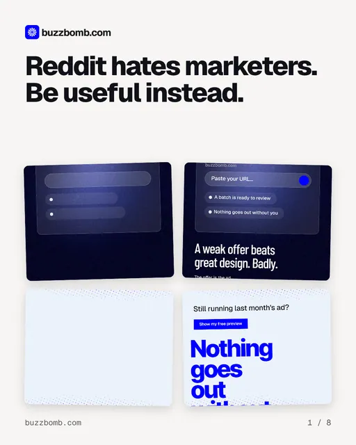 Carousel for BuzzBomb: "Reddit hates marketers. Be useful instead.". Collection carousel, 8 slides, light palette.