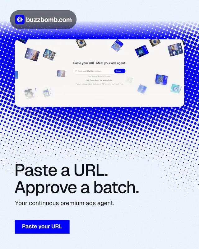 Instagram portrait post for BuzzBomb: "Paste a URL. Approve a batch." Swiss style, bottom layout, light palette in white, blue.
