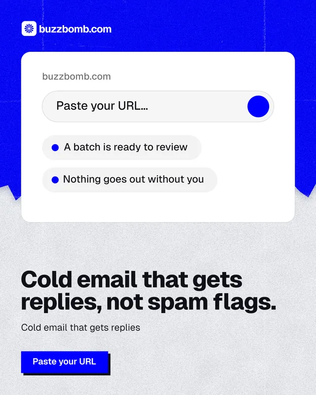 Instagram portrait post for BuzzBomb: "Cold email that gets replies, not spam flags." Paper trio style, bottom layout, light palette in white, blue.