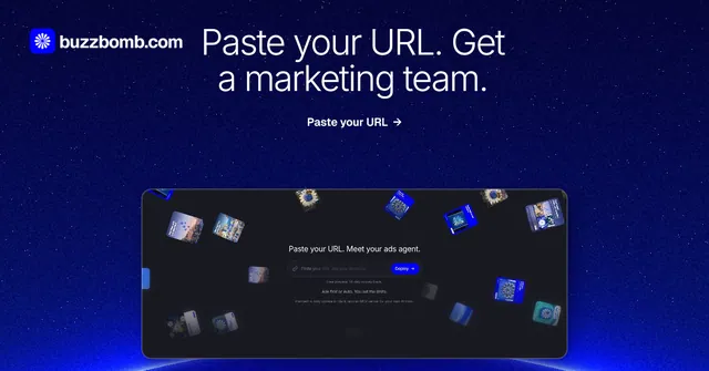 Social ad for BuzzBomb: "Paste your URL. Get a marketing team." Swiss style, ogui layout, dark palette in blue.