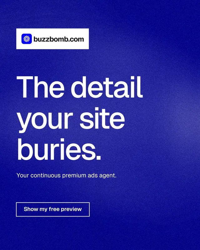 Instagram portrait post for BuzzBomb: "The detail your site buries." Cyanotype style, announce layout, dark palette in blue.