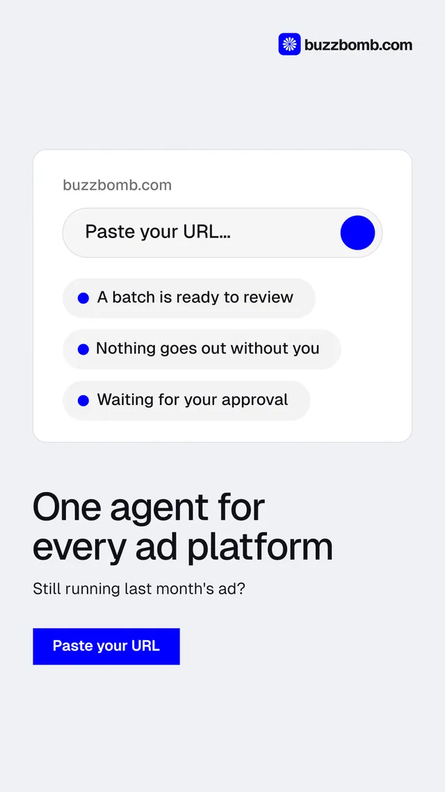 Instagram story for BuzzBomb: "One agent for every ad platform". Swiss style, bottom layout, light palette in white, blue.