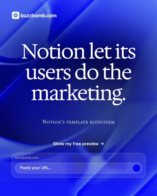 Instagram portrait post for BuzzBomb: "Notion let its users do the marketing." Swiss style, smallcaps layout, dark palette in blue.