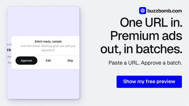 Landscape graphic for BuzzBomb: "One URL in. Premium ads out, in batches." Data card style, right layout, light palette in white, blue.
