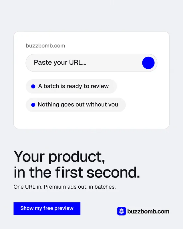 Instagram portrait post for BuzzBomb: "Your product, in the first second." Swiss style, bottom layout, light palette in white, blue.